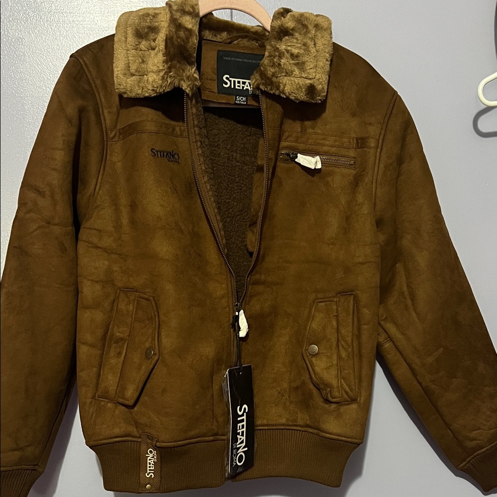 Brown Men's Jacket with Faux Fur Collar